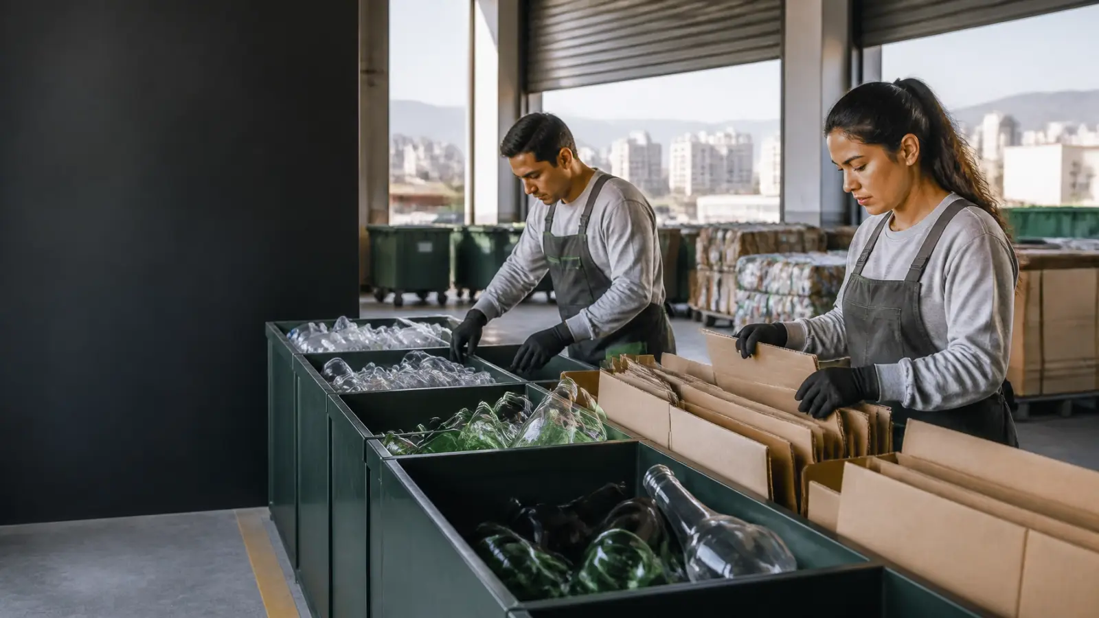 Materiales de cartón, vidrio y envases organizados para reciclaje comercial